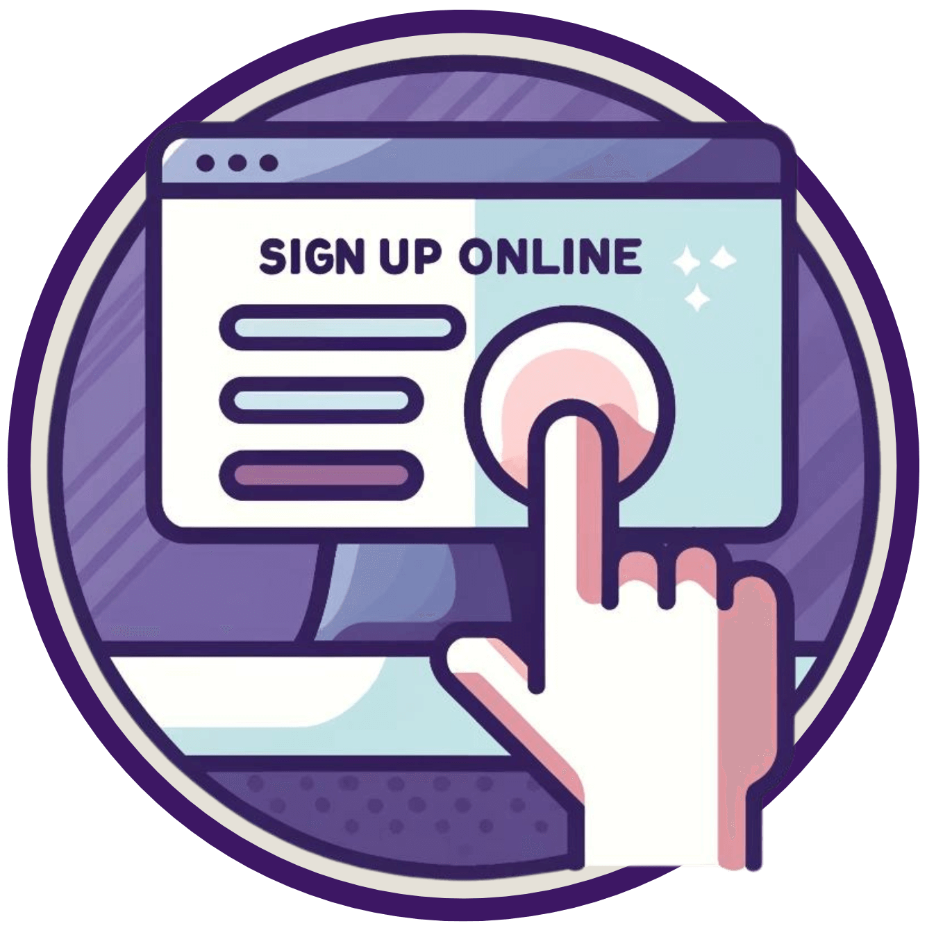 Circular branded icon of a person pressing a 'sign up online' button.
